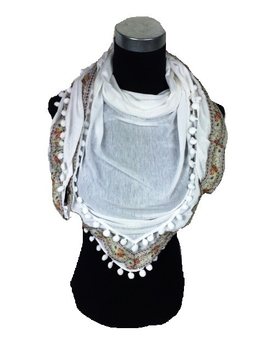 Lenço triangular branco com pompons estilo Ibiza (1 un)