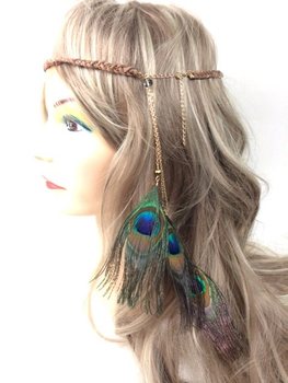 Banda de Cabelo Entrançada Castanha com Penas de Pavão | Estilo Ibiza Boho (1 un)