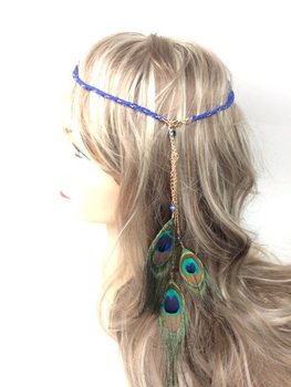 Fita de cabelo entrançada estilo Ibiza azul com penas de pavão (1 un)