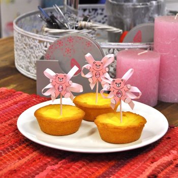 Palitos decorativos para cupcake de nascimento - Urso Rosa (12 un.)