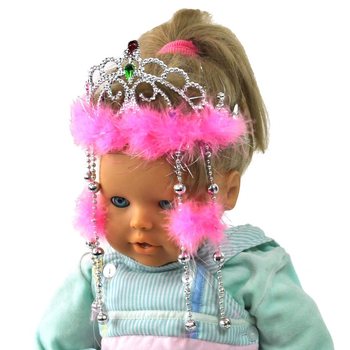 COROA PRATEADA COM REBORDO EM PELUCHE ROSA E CORDÕES (12 unid.)