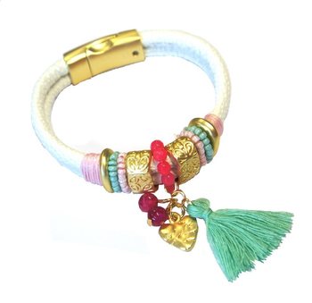 Pulseira Branca Estilo Ibiza com Borla e Coração (1 un.)