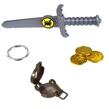 Conjunto de Brinquedos de Pirata: Adaga, B&uacute;ssola, Brinco e Moedas (6 un.)