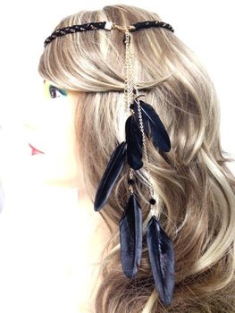Fita de cabelo entrançada com penas preta (1 un)