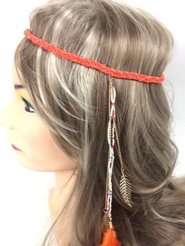 Banda de cabelo entrançada com penas - Cor-de-laranja (1 un.)