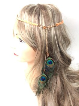 Banda de Cabelo Entrançada Laranja/Salmão com Penas de Pavão (1 un)