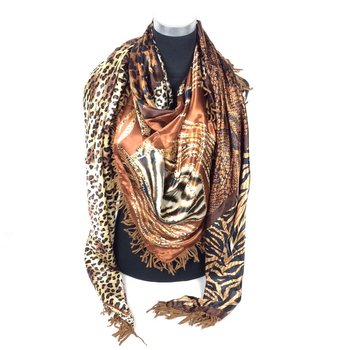 Lenço triangular de luxo reversível Tigre / Castanho com franjas (1 un)