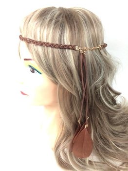 Banda de cabelo entrançada com penas castanha (1 un)