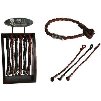 Pulseiras de couro entrançado "Skull" em expositor de madeira (96 un.)