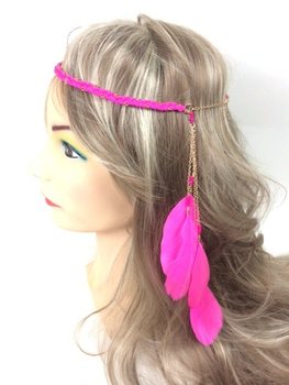 Diadema entrançada estilo Ibiza com penas fúcsia (1 un.)