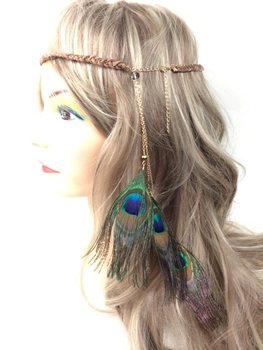 Fita de Cabelo Trançada Preta com Penas de Pavão (1 un.)