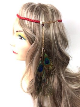 Fita de cabelo entrançada bordeaux com penas de pavão (1 un)